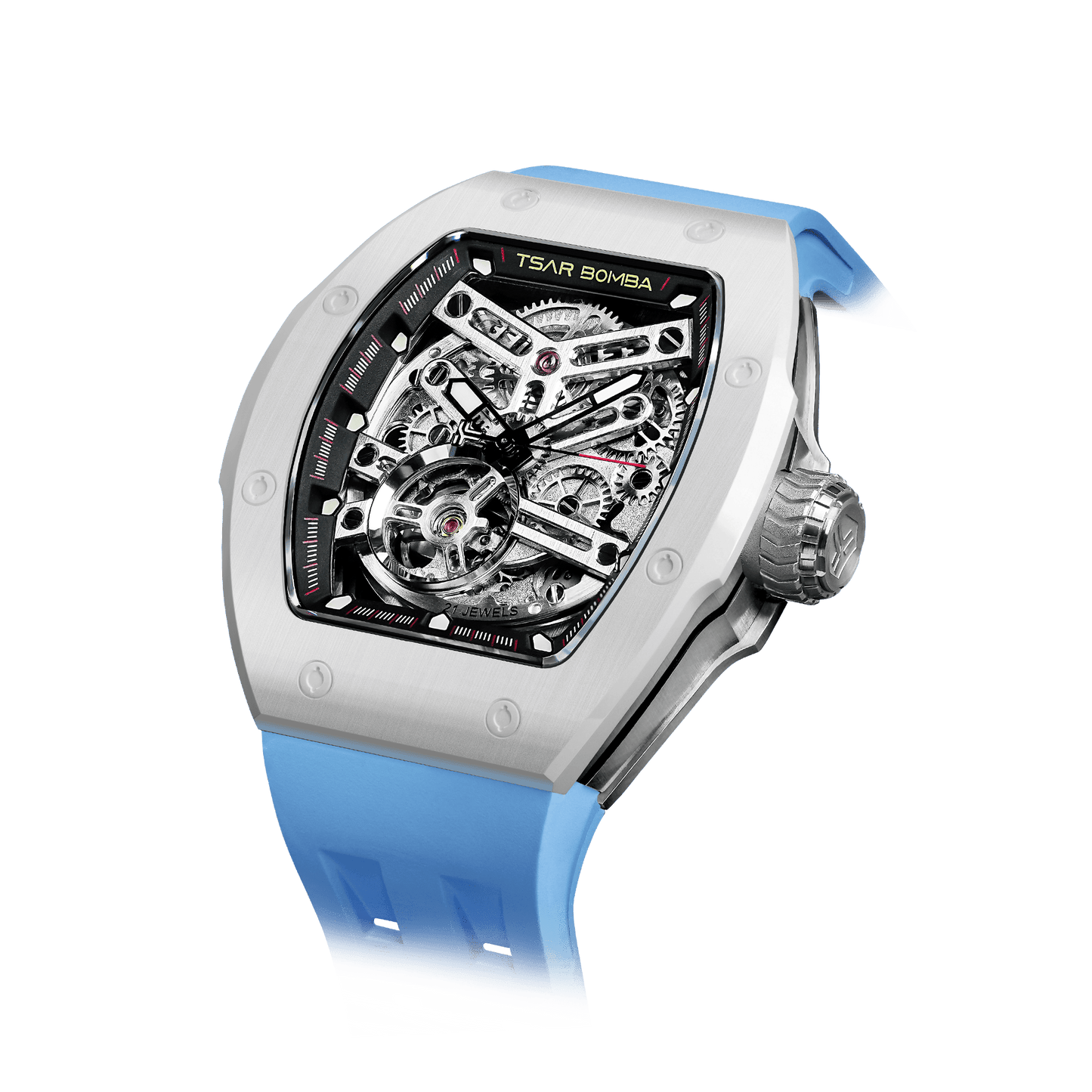 TSAR BOMBA Atomic Serie – Luxuriöse skelettierte Herren-Automatikuhr mit Wechselarmband. Hochleistungsfähiges mechanisches Meisterwerk Weißblau