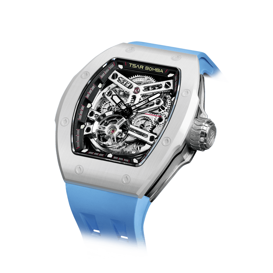 TSAR BOMBA Atomic Serie – Luxuriöse skelettierte Herren-Automatikuhr mit Wechselarmband. Hochleistungsfähiges mechanisches Meisterwerk Weißblau