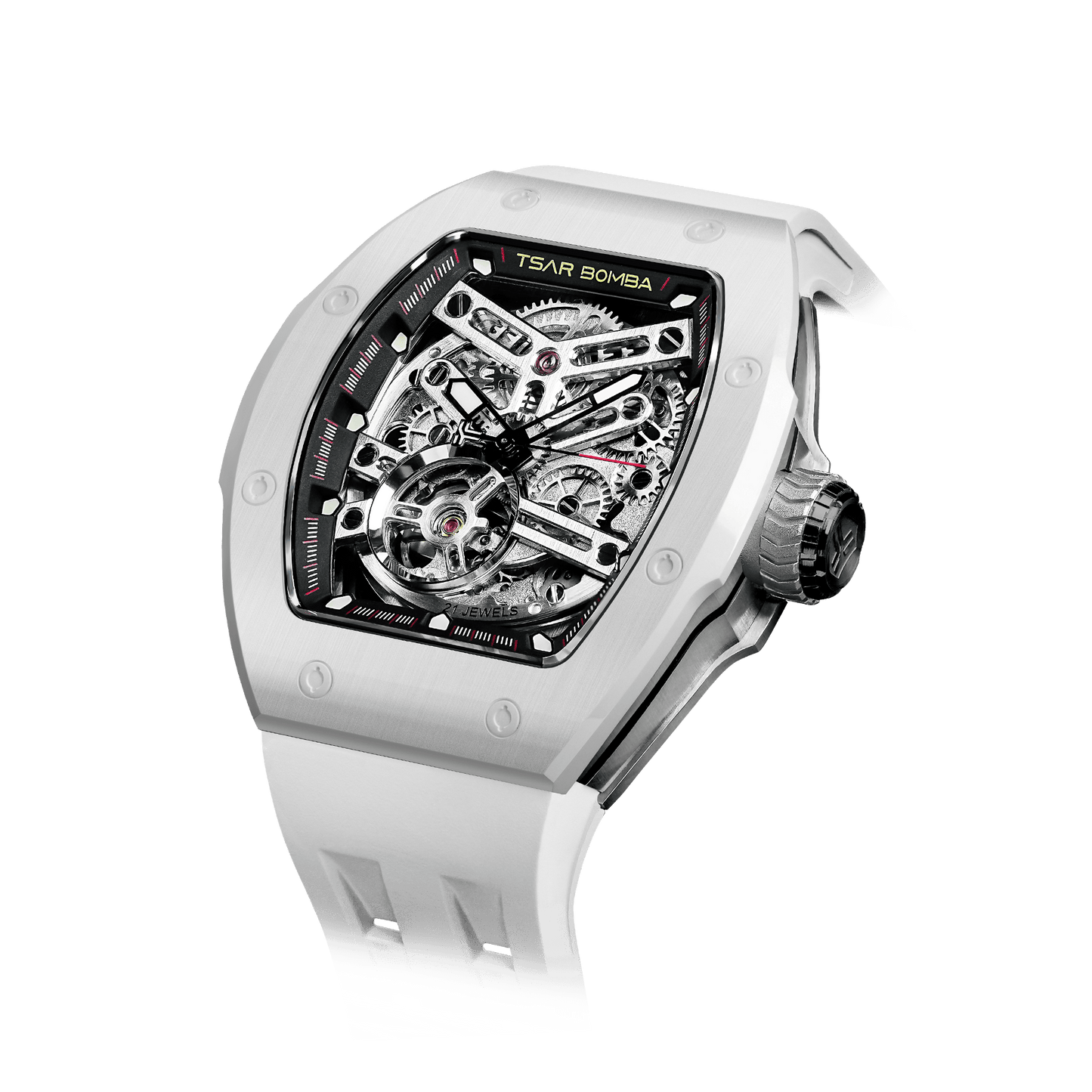 TSAR BOMBA Atomic Serie – Luxuriöse skelettierte Herren-Automatikuhr mit Wechselarmband. Hochleistungsfähiges mechanisches Meisterwerk Weiß