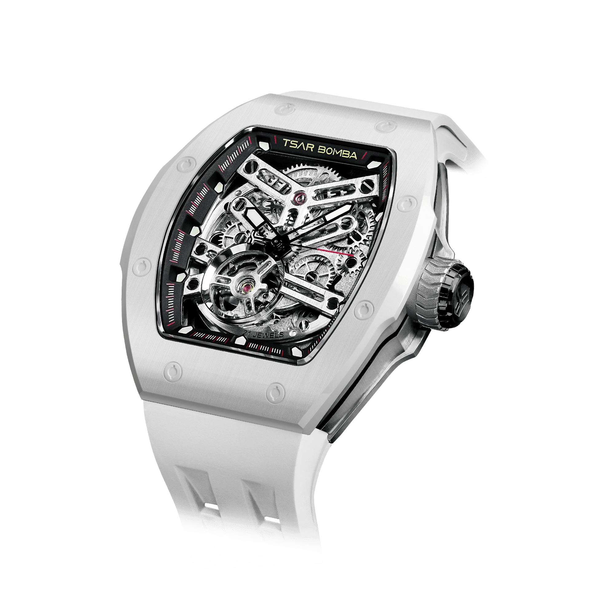 TSAR BOMBA Atomic Serie – Luxuriöse skelettierte Herren-Automatikuhr mit Wechselarmband. Hochleistungsfähiges mechanisches Meisterwerk Weiß