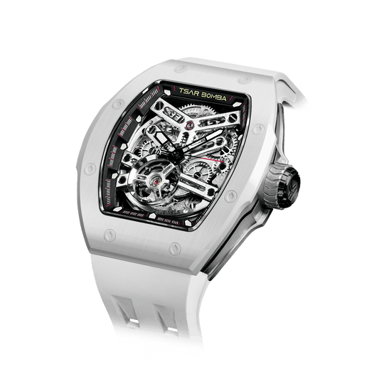 TSAR BOMBA Atomic Serie – Luxuriöse skelettierte Herren-Automatikuhr mit Wechselarmband. Hochleistungsfähiges mechanisches Meisterwerk Weiß