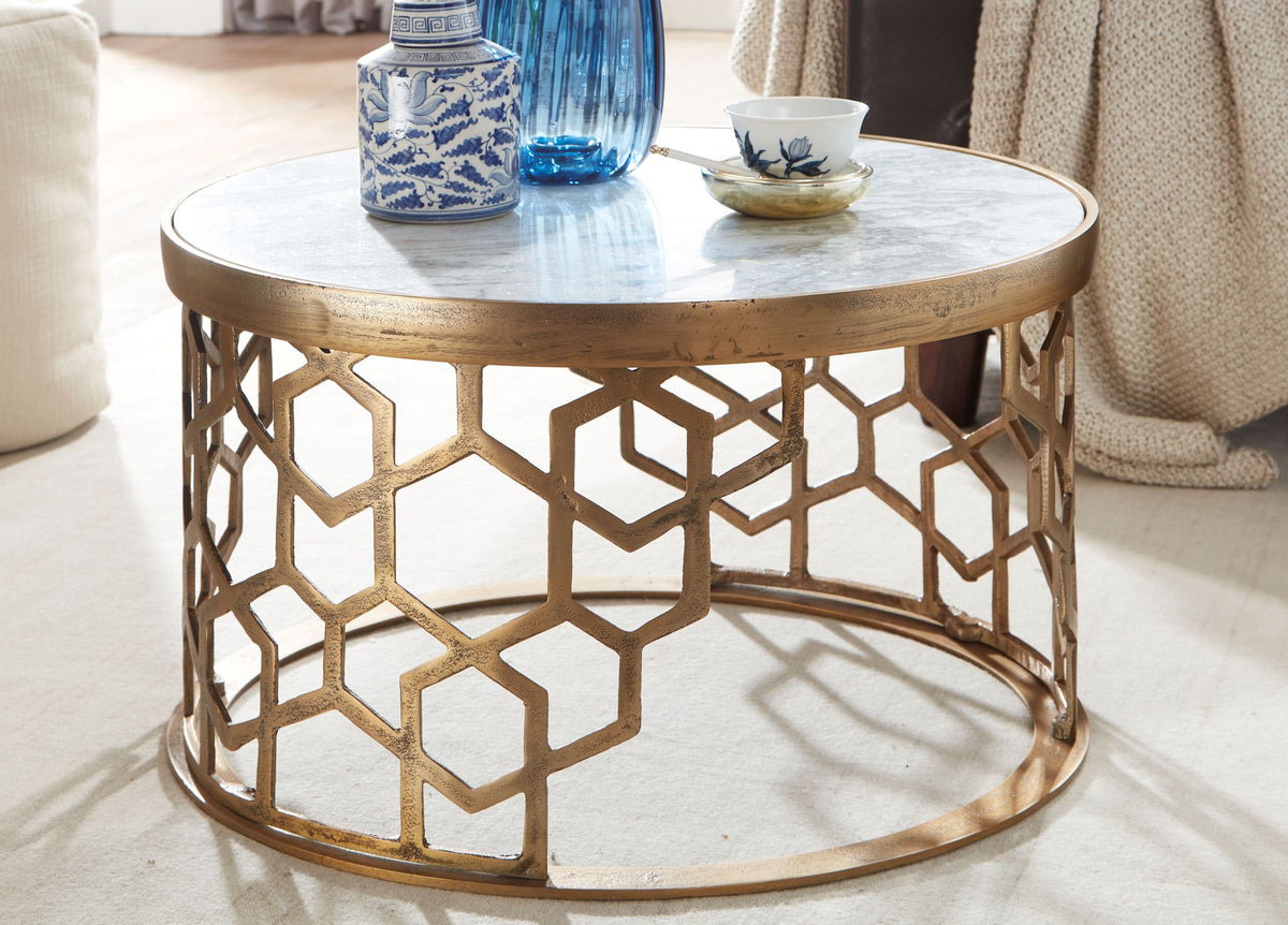 FineBuy Couchtisch Echter Marmor Weiß 60x60x36 cm Sofatisch Metall Gold, Design Wohnzimmertisch Rund, Kleiner Kaffeetisch Modern, Beistelltisch Anstel