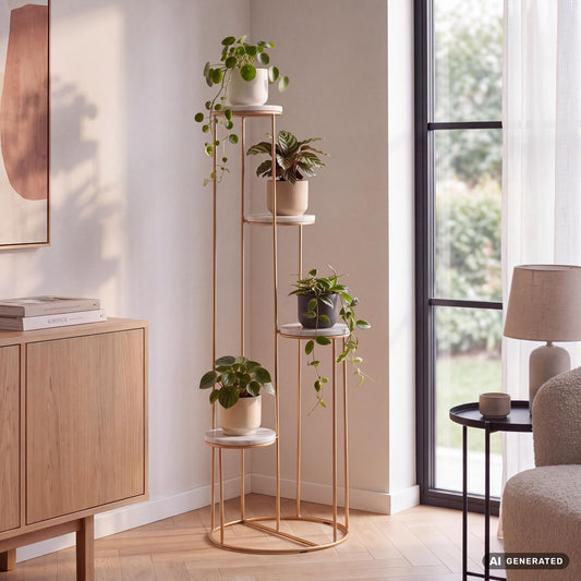 FineBuy Blumenständer Echter Marmor Weiß 36,5x107,5x36,5 cm Pflanzenständer Stehend Gold, Blumenhocker Wohnzimmer Freistehend mit 4 Ablagen, Pflanzenr