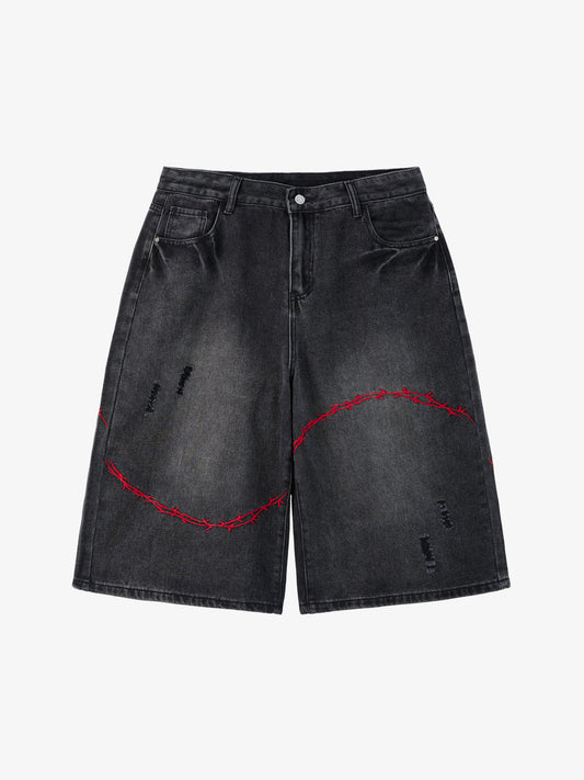 Vintage Barbed Wire Embroidery Distressed Washed Denim Jorts - Black / M