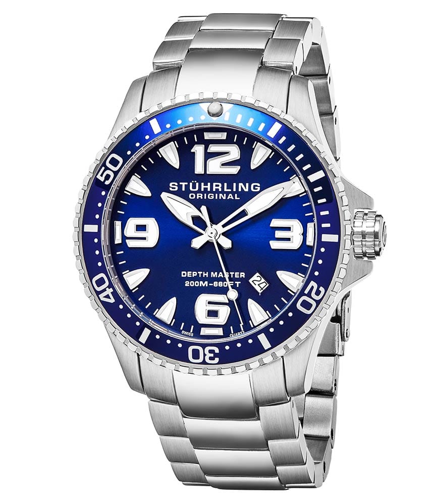 Stührling Regatta 842 Quartz 43mm Diver - Blue Dial / Silver Case / Silver Stainless Steel Bracelet Foldover Buckle