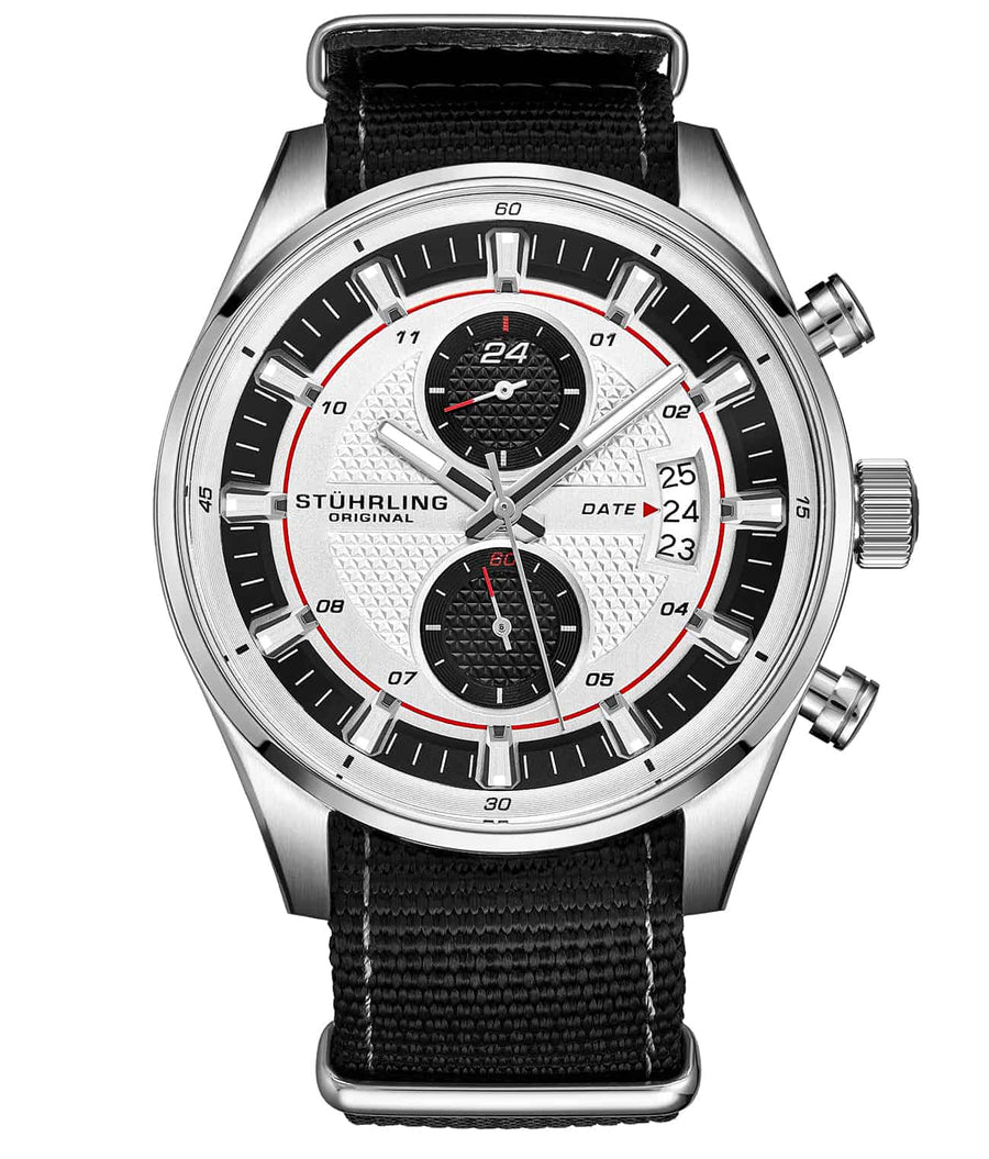 Stührling Globetrotter GMT Quartz 44mm Aviator - Silver Dial / Silver Case / Black Canvas Strap Tang Buckle
