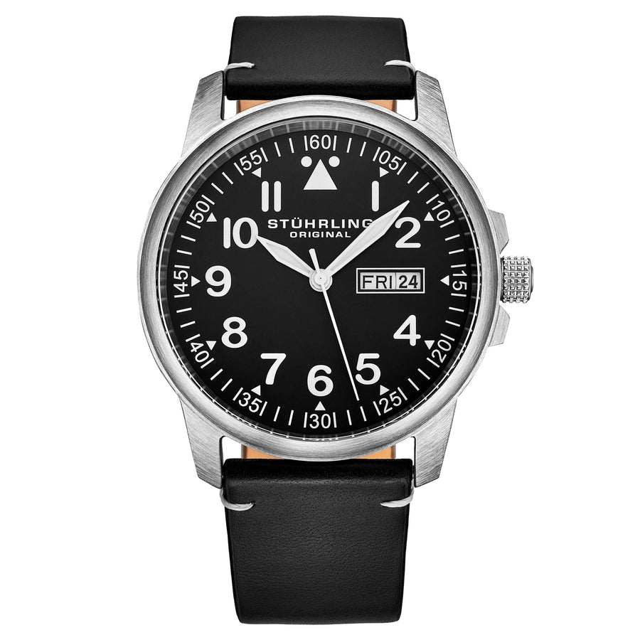 Stührling 850 Quartz 42mm Aviator - Black Dial / Silver Case / Black Leather Strap Tang Buckle