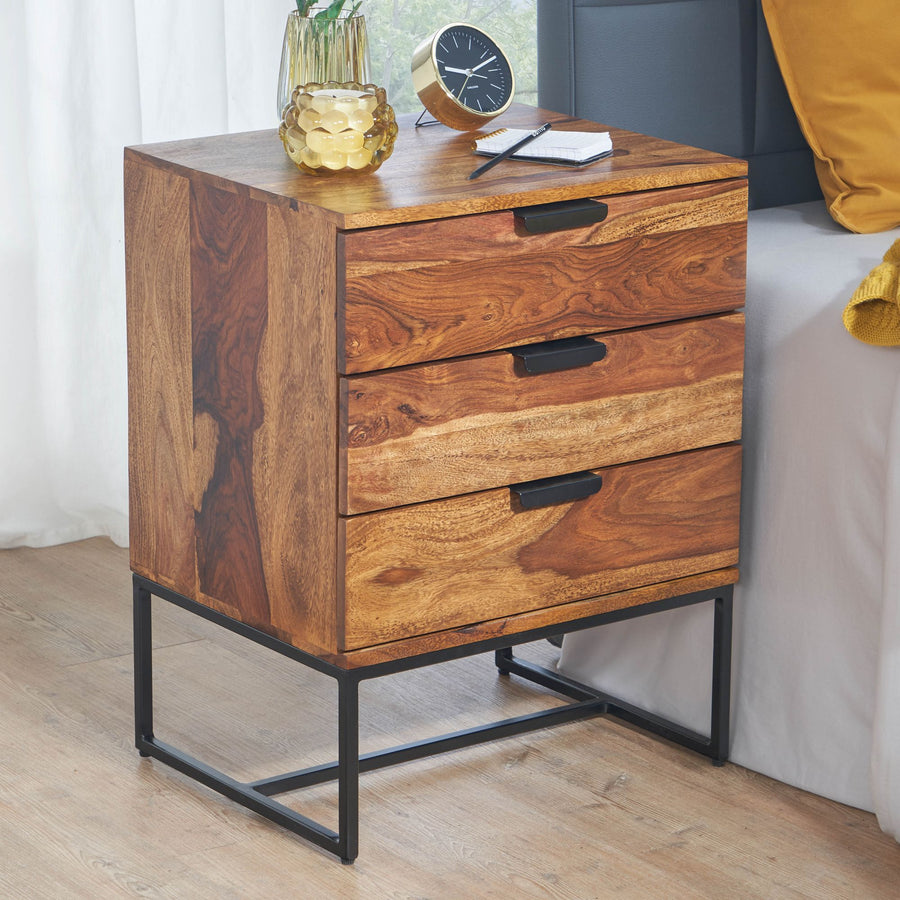 FineBuy Nachttisch Sheesham Massivholz mit Metallgestell und 3 Schubladen – Nachtkonsole im Industrial Design, handgefertigt – Nachtkästchen für Boxsp