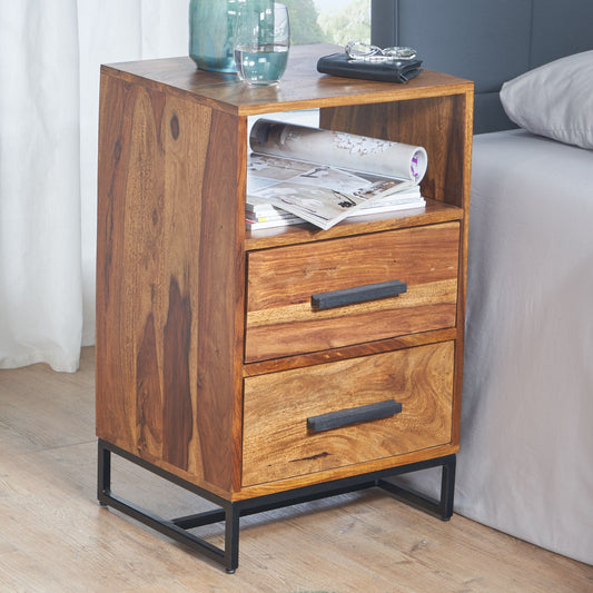 FineBuy Nachttisch Sheesham Massivholz mit Metallgestell 2 Schubladen & Ablage – Nachtkonsole im Industrial Design, handgefertigt – Nachtkästchen für 