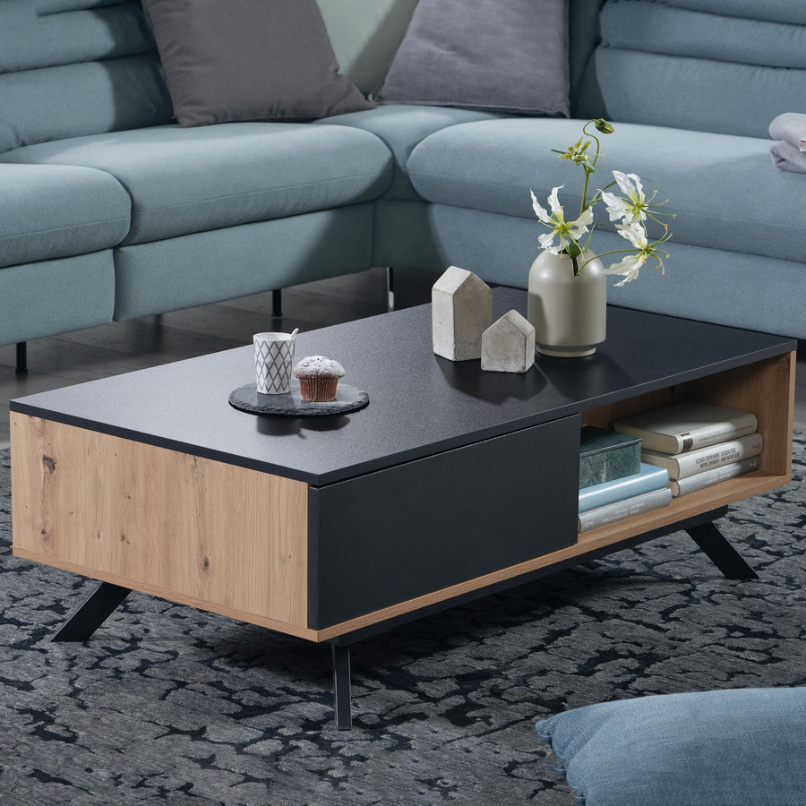 FineBuy Couchtisch 110x60x38 cm MDF Eiche-Dekor / Schwarz Wohnzimmertisch, Sofatisch Rechteckig mit Stauraum, Kaffeetisch mit Schubladen, Tisch Wohnzi