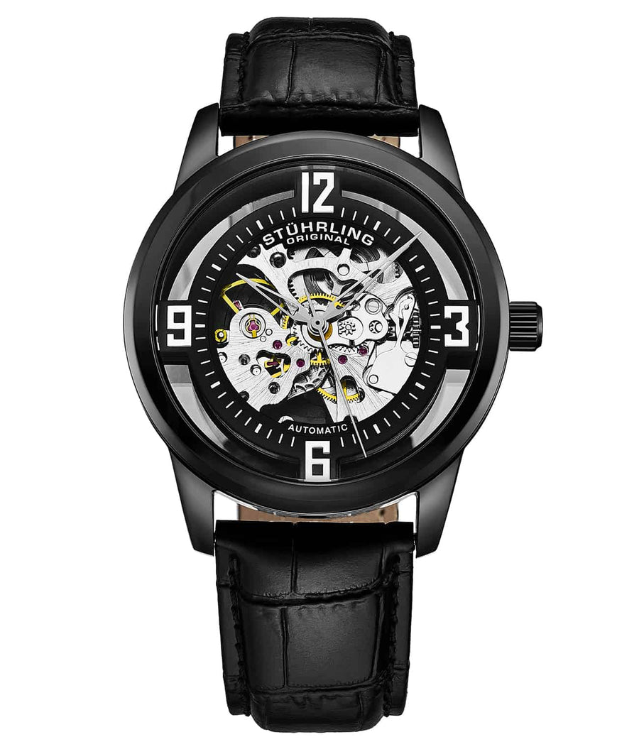 Stührling Winchester 877 Automatic 42mm Skeleton - Black PVD Dial / Black PVD Case / Black Leather Strap Tang Buckle