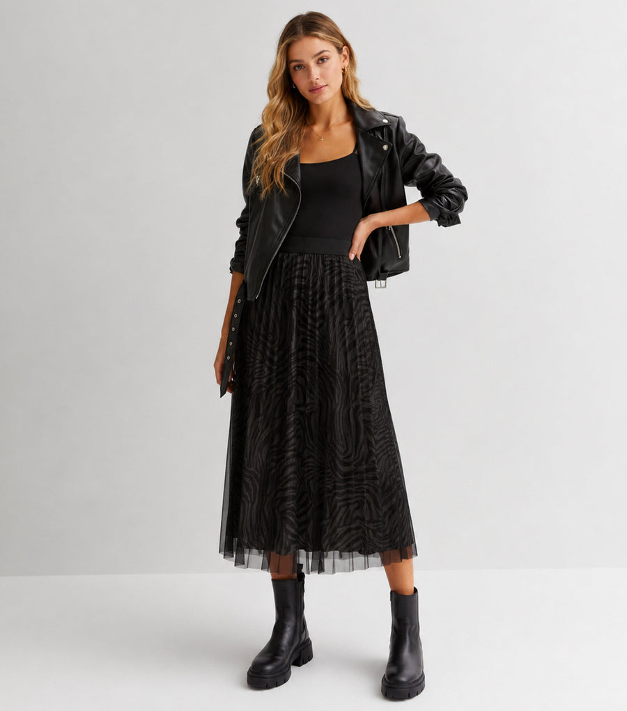 Black Animal Print Mesh Overlay Pleated Midi Skirt