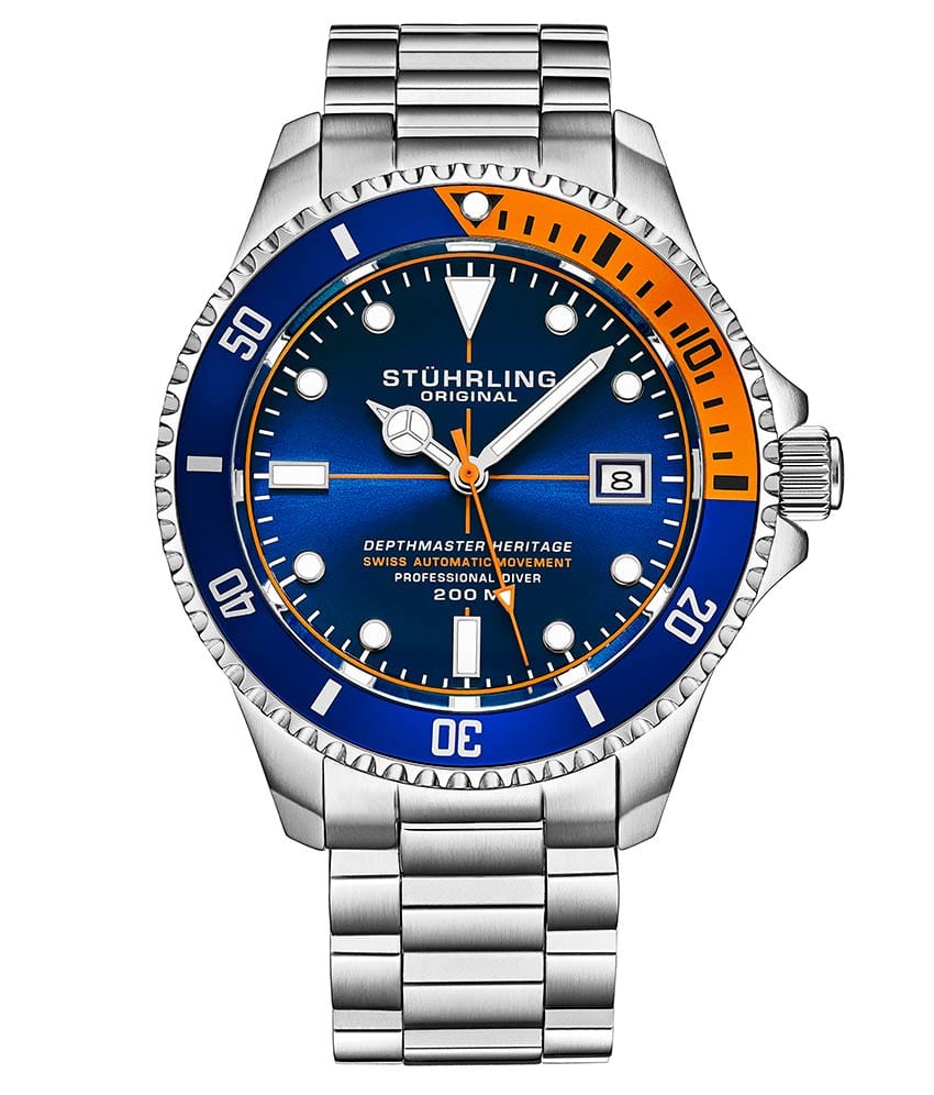 Stührling Swiss Automatic Depthmaster Heritage 883H 42mm Diver - Blue Dial/Silver Case/Silver Bracelet