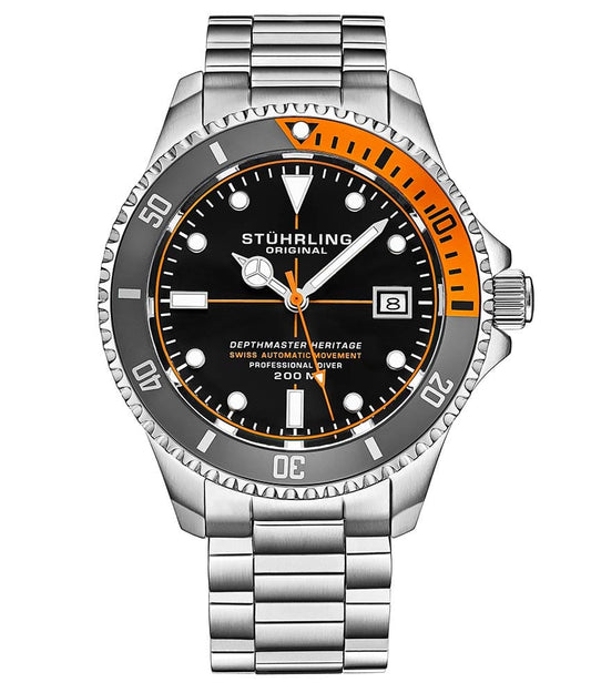 Stührling Swiss Automatic Depthmaster Heritage 883H 42mm Diver - Black Dial/Silver Case/Silver Bracelet