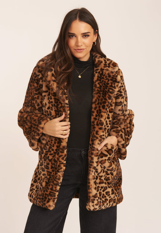 Brown Leopard Print Faux Fur Coat Jacket