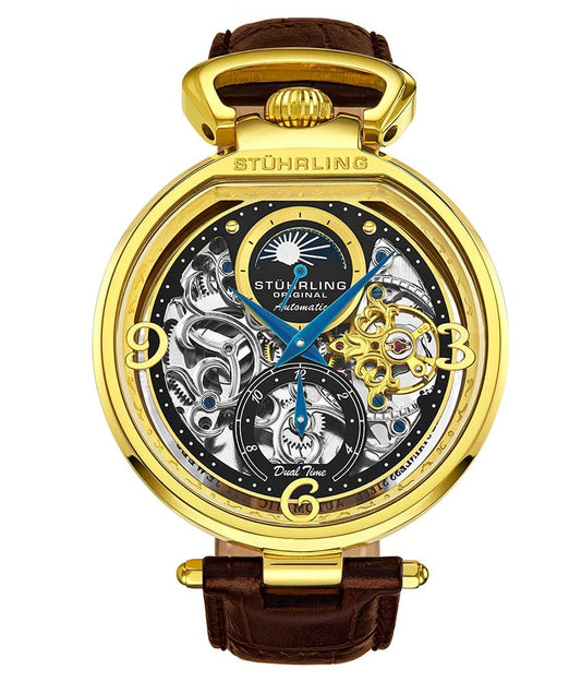 Stührling Modena 889 Automatic 46mm Skeleton - Black Dial / Gold Case / Brown Leather Strap Gold Layered Deployant Buckle