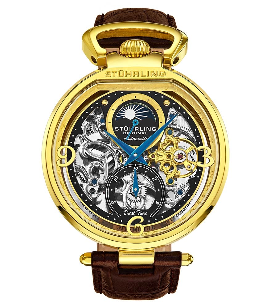 Stührling Modena 889 Automatic 46mm Skeleton - Black Dial / Gold Case / Brown Leather Strap Gold Layered Deployant Buckle