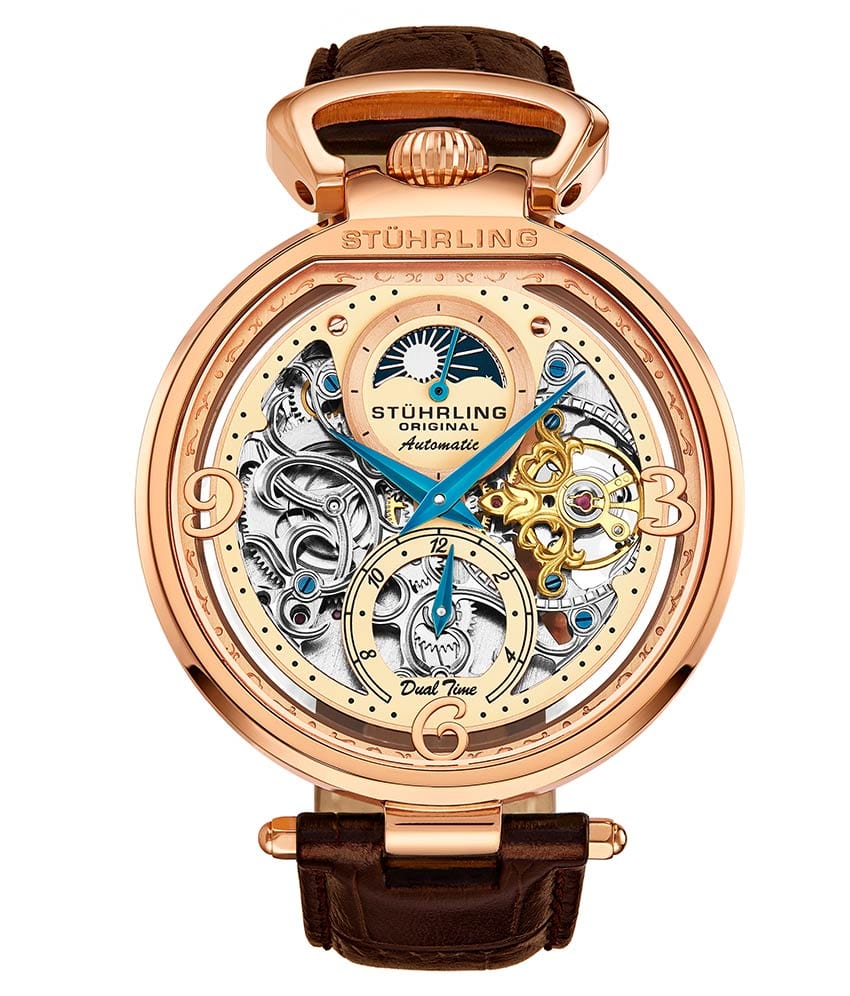 Stührling Modena 889 Automatic 46mm Skeleton - Beige Dial / Rose Case / Brown Leather Strap Rose Gold Layered Deployant Buckle