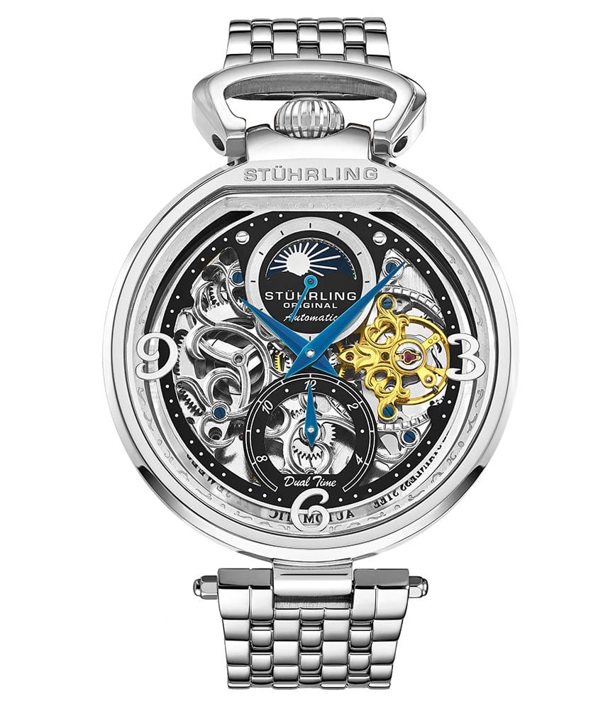 Stührling  889B Automatic 46mm Skeleton - Black Dial / Silver Case / Silver Stainless Steel Bracelet Silver Deployant Buckle