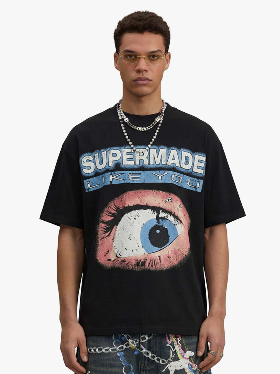 Waffle Knit Eye Graphic Letter Print T-Shirt - Black / S