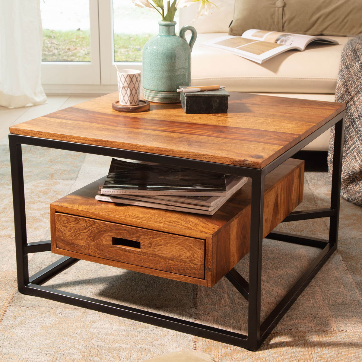 FineBuy Couchtisch 60x60x40 cm Sheesham Massivholz / Metall Sofatisch Quadratisch, Design Wohnzimmertisch Kaffeetisch Massiv mit Schublade, Kleiner Ti