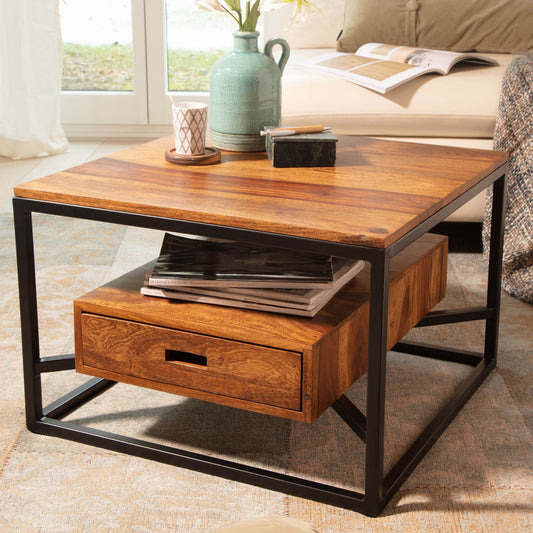 FineBuy Couchtisch 60x60x40 cm Sheesham Massivholz / Metall Sofatisch Quadratisch, Design Wohnzimmertisch Kaffeetisch Massiv mit Schublade, Kleiner Ti