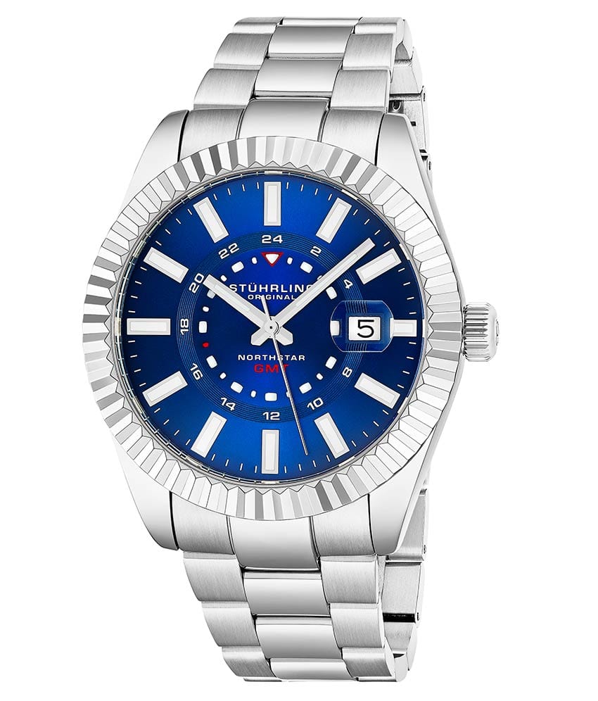 Stührling Northstar 892 GMT Quartz 42mm Classic - Blue Dial / Silver Case / Silver Stainless Steel Bracelet Silver Deployant Buckle
