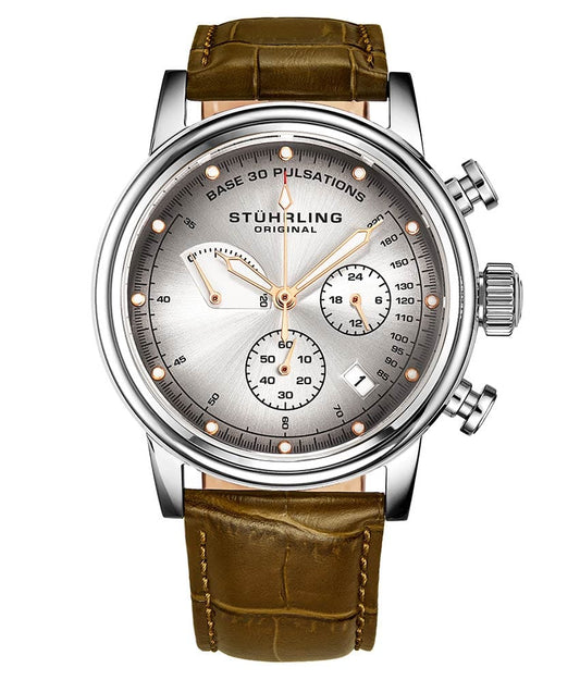 Stührling ChronoPulse 895 Quartz 42mm Chronograph - Grey Dial / Silver Case / Green Leather Strap Silver Tang Buckle