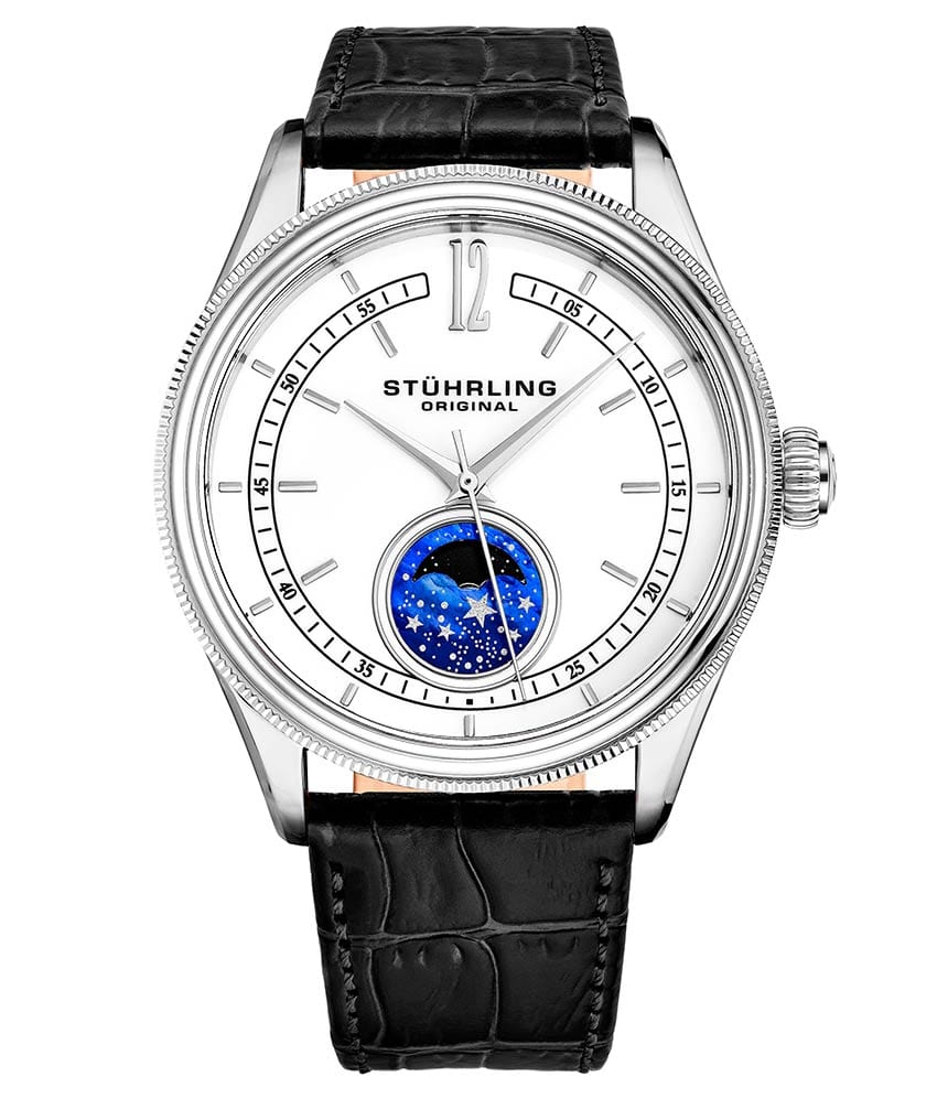Stührling Celestia 897 Quartz 42mm Classic - White Dial / Silver Case / Black Leather Strap Silver Tang Buckle