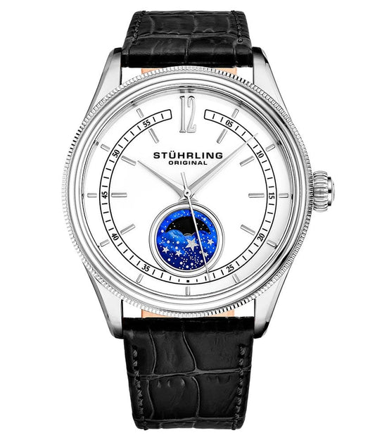 Stührling Celestia 897 Quartz 42mm Classic - White Dial / Silver Case / Black Leather Strap Silver Tang Buckle
