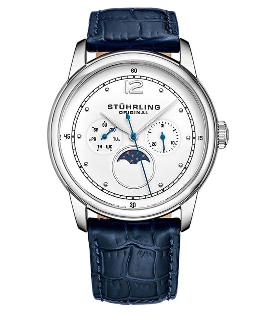Stührling Celestia 898 Quartz 39mm Classic - White Dial / Silver Case / Blue Leather Strap Silver Tang Buckle