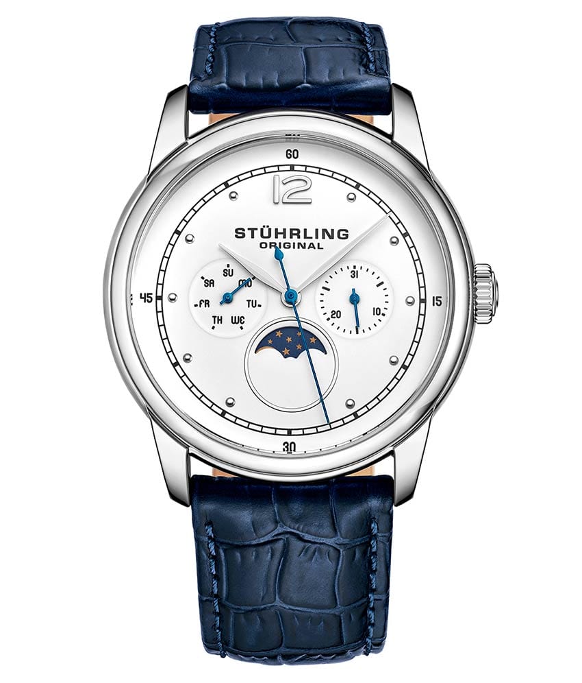 Stührling Celestia 898 Quartz 39mm Classic - White Dial / Silver Case / Blue Leather Strap Silver Tang Buckle