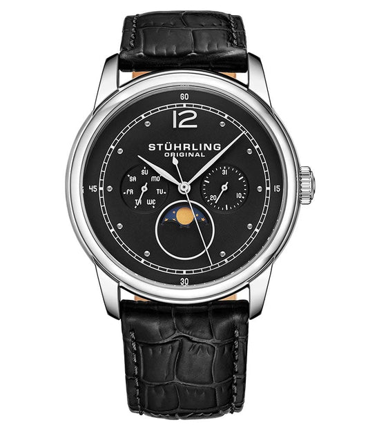 Stührling Celestia 898 Quartz 39mm Classic - Black Dial / Silver Case / Black Leather Strap Silver Tang Buckle