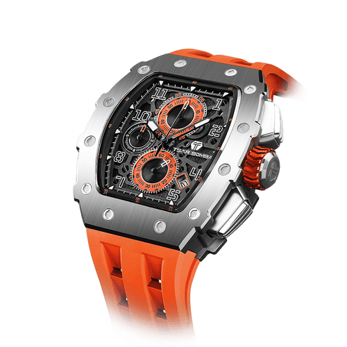 TSAR BOMBA men watch – Luxuriöse Tonneau-Herrenuhr, 50 m wasserdicht, Chronograph mit Kalenderanzeige Silberorange