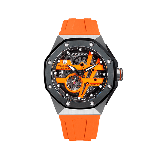 TSAR BOMBA Elemental Series Orange Silver Men's Automatic Mechanical Watch – Stainless Steel Bezel & Case, Skeleton Dial, Sapphire Crystal, Fluororubb