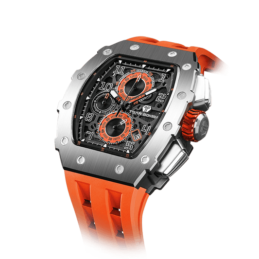 TSAR BOMBA men watch – Luxuriöse Tonneau-Herrenuhr, 50 m wasserdicht, Chronograph mit Kalenderanzeige Silberorange