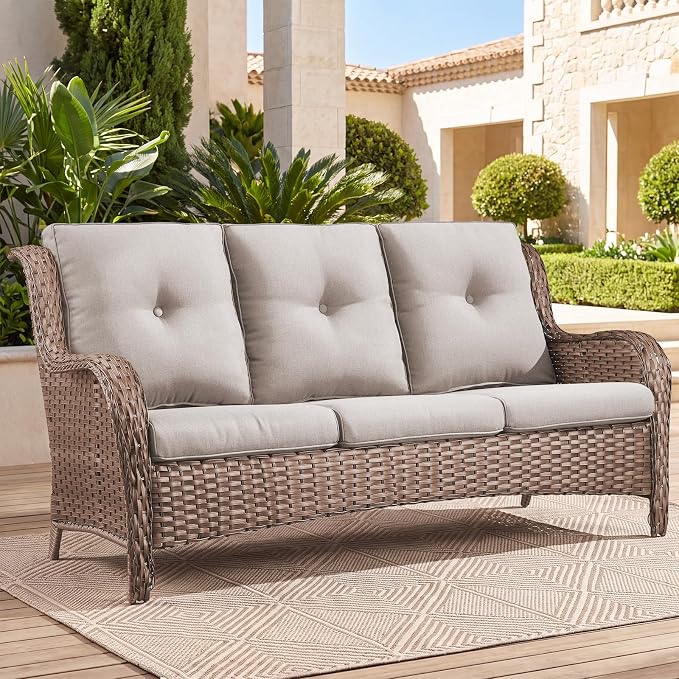 Outdoor Patio Furniture Wicker 3-Seater Sofa, NTC Series - Yellow Wicker / Beige Cushion