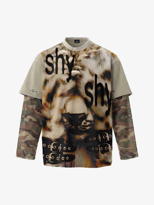 Grunge Graphic Fake Layer Camo Sleeve T-Shirt - Gray Green / M