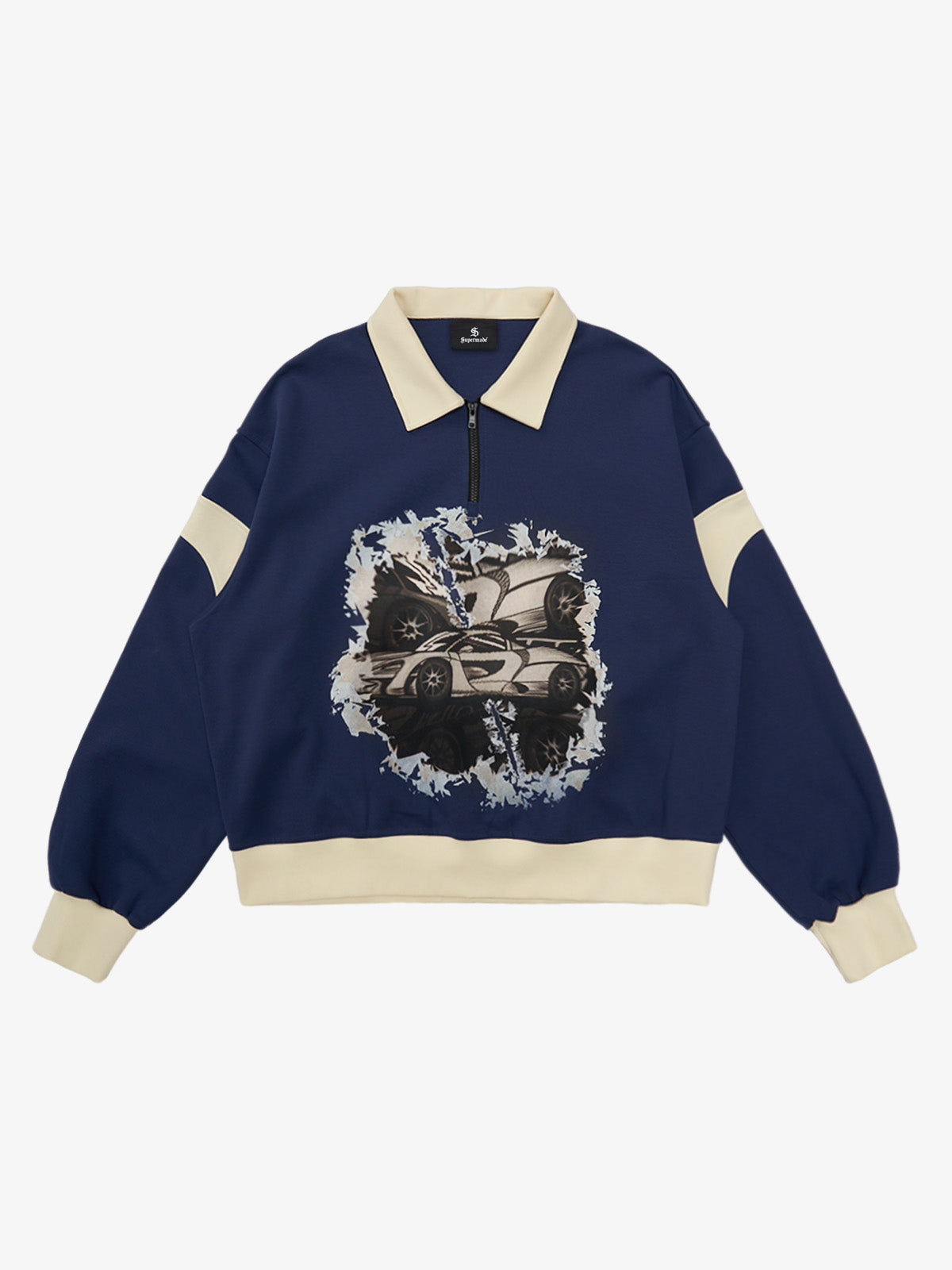 Original Racing Style Print Lapel Sweatshirt - Purplish Blue / S