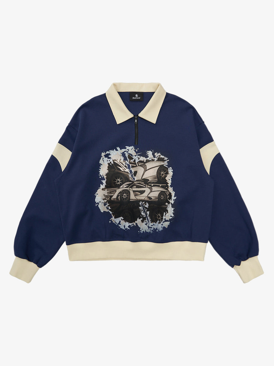 Original Racing Style Print Lapel Sweatshirt - Purplish Blue / S