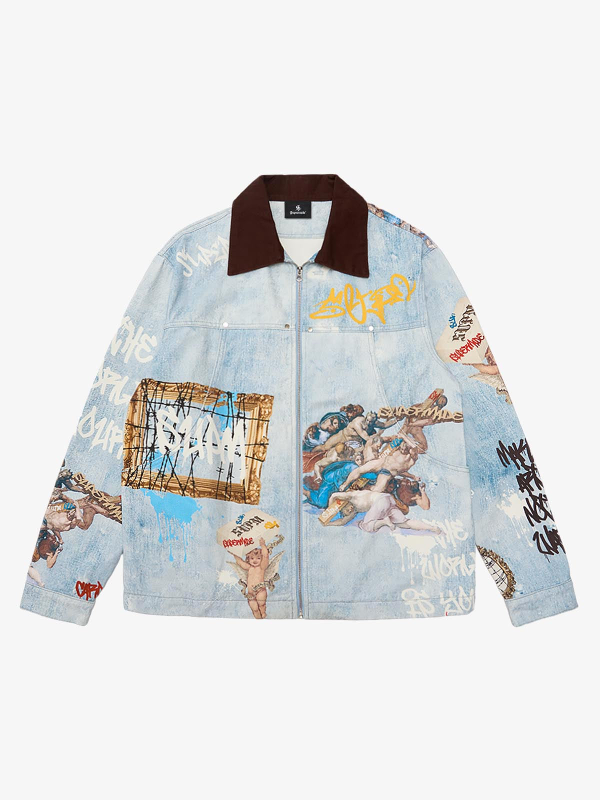 Artistic Patches Graphic  Distressed Denim Jacket - 2573 - Blue / S