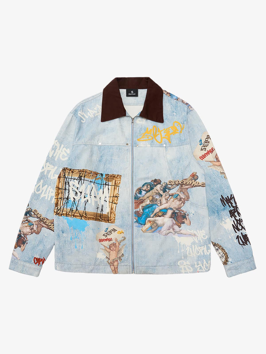 Artistic Patches Graphic  Distressed Denim Jacket - 2573 - Blue / S