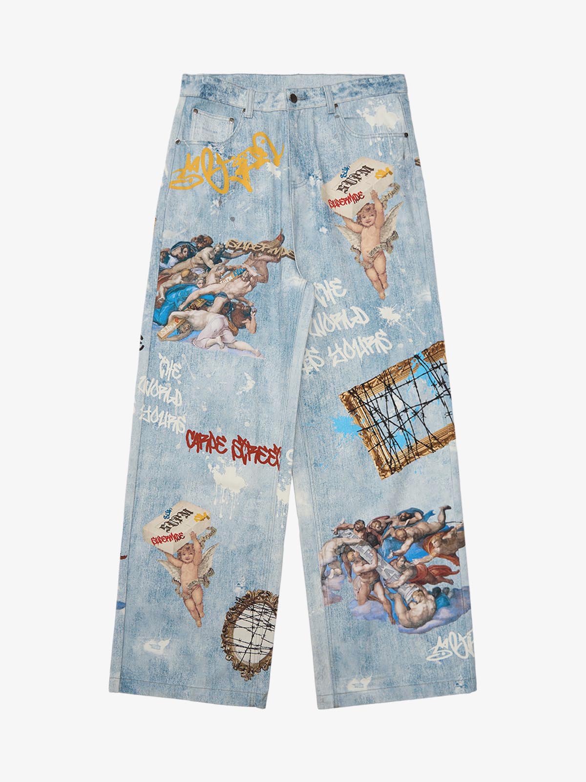 Retro Artistic Graffiti Angelic Prints Baggy Jeans - 2574 - Blue / S