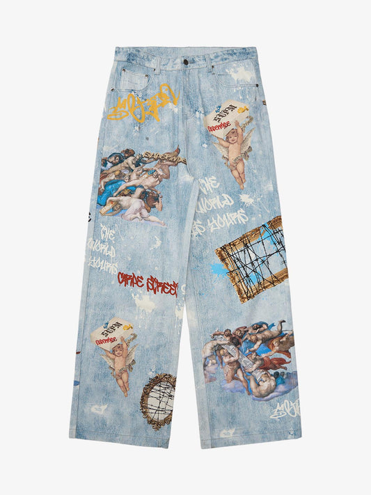 Retro Artistic Graffiti Angelic Prints Baggy Jeans - 2574 - Blue / S
