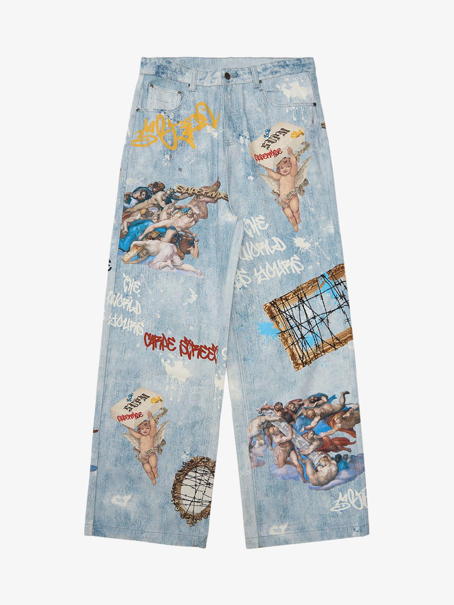 Retro Artistic Graffiti Angelic Prints Baggy Jeans - 2574 - Blue / S