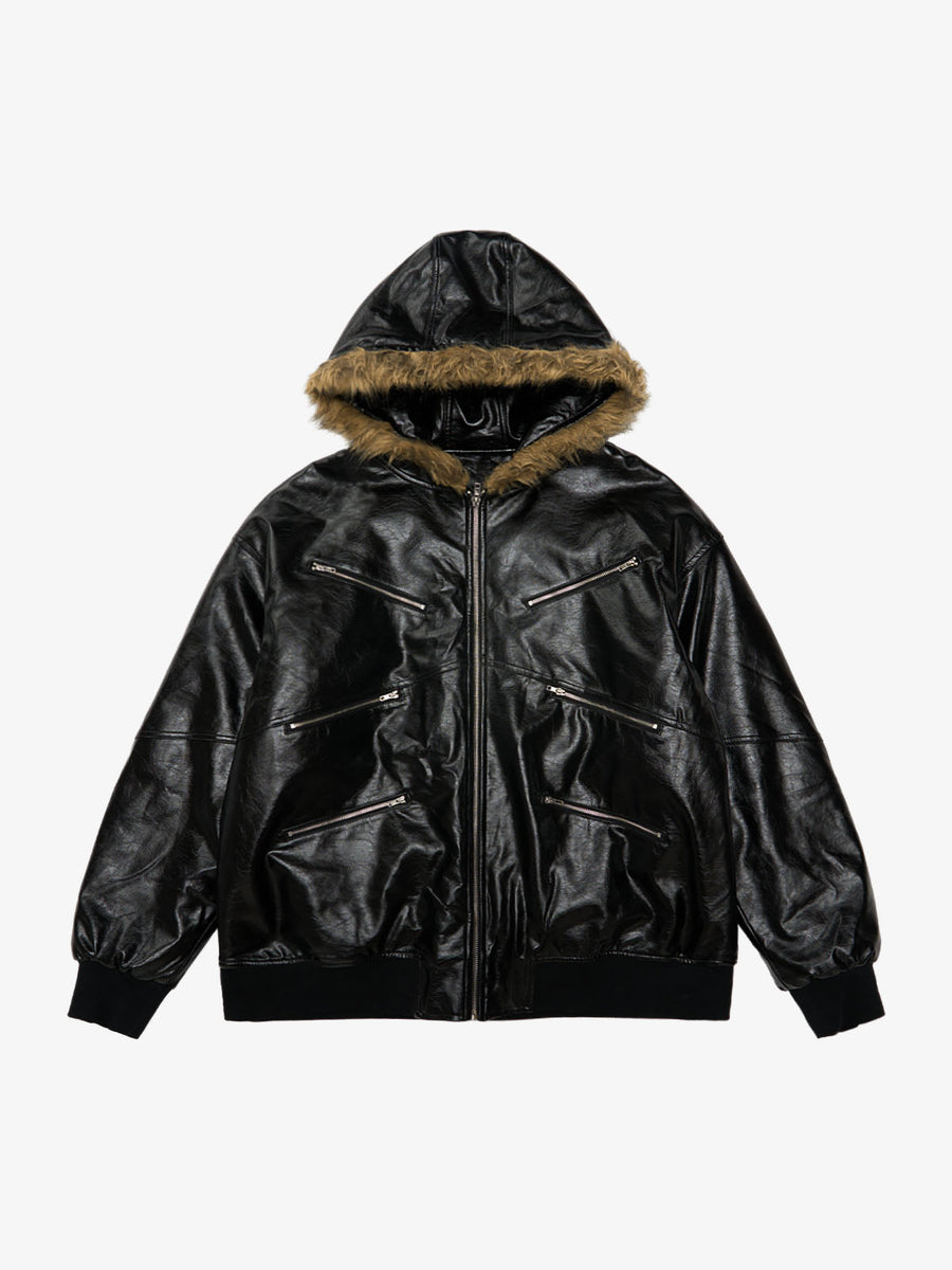 Multi-Zip Fur Hooded Leather Jacket - Black / S
