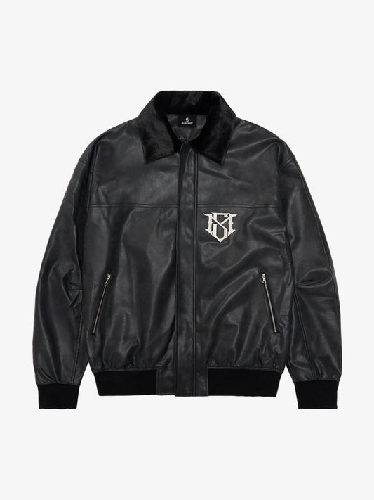 SUPM Fur Collar Rhinestone Pattern Leather Jacket - 2557 - Black / M