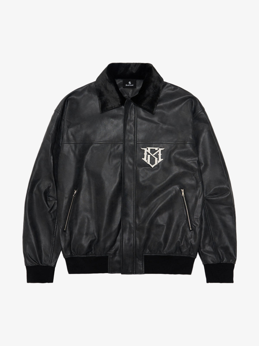 SUPM Fur Collar Rhinestone Pattern Leather Jacket - 2557 - Black / M