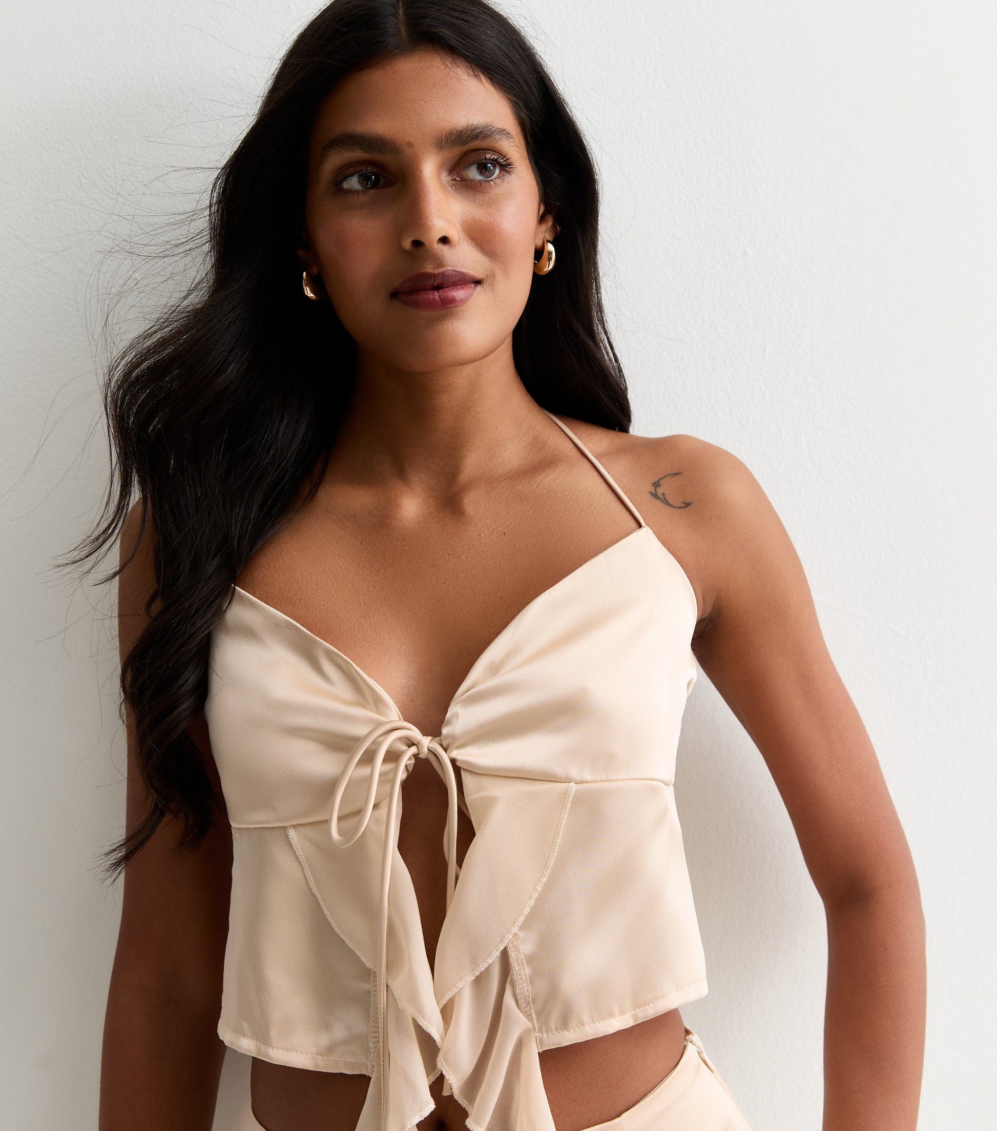 Champagne Satin Ruffle Tie Front Top