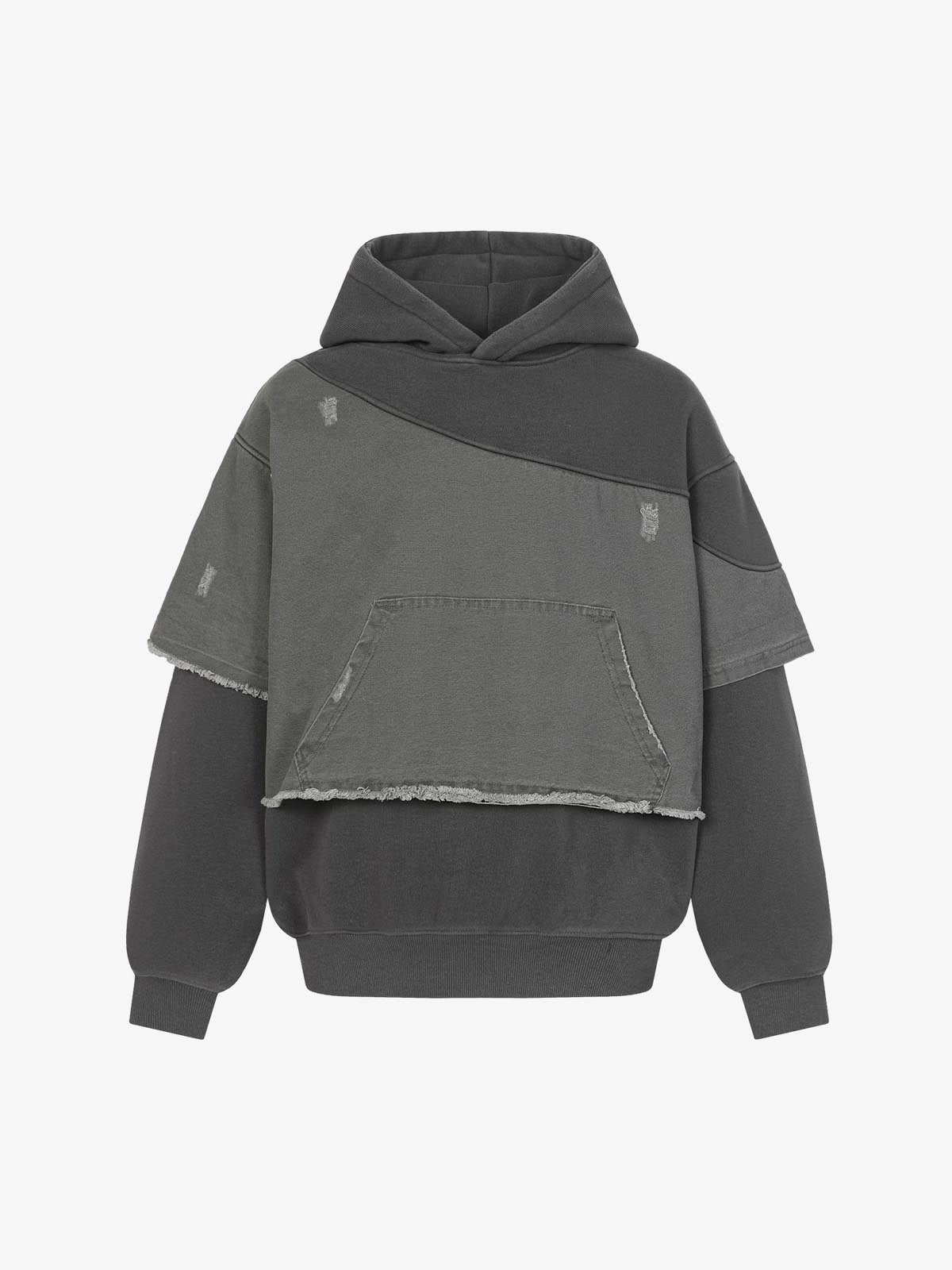 Distressed Patchwork Raw-Edge Layered-Hem Fleece Hoodie - Gray / S